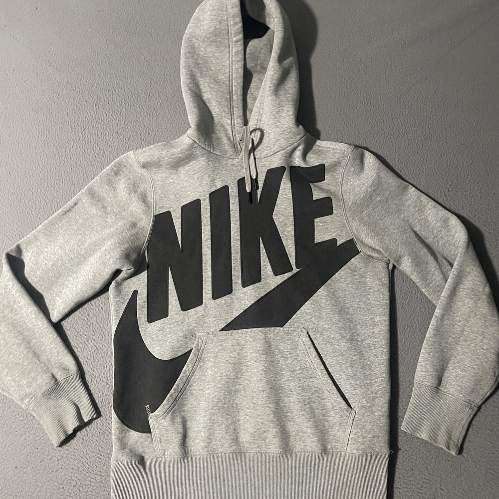 Vintage Nike Hoodie Sweatshirt Gray Big Swoosh Long Sleeve Mens Small Distressed